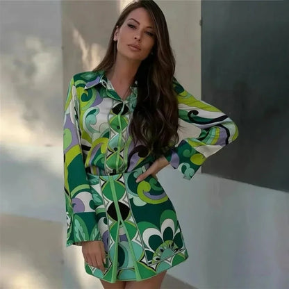 Summer Skirt Sets Women Tops Fashion Long Sleeve Plant Print Flower Shirt High Waist A-line Skirt Boho Beach Sets Y2k Skirt