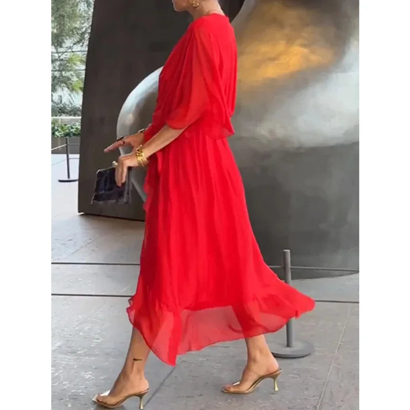 Abiti da festa eleganti in chiffon solido per le donne Sexy scollo a V maniche a pipistrello Lace Up Ruffles Abito lungo irregolare Abito casual Femme