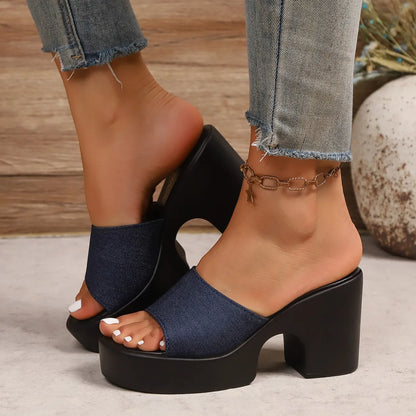 Sandali da donna estivi Sandali con plateau spessi open-toe Infradito da esterno Tacco grosso Moda minimalista Tacchi alti Scarpe da donna