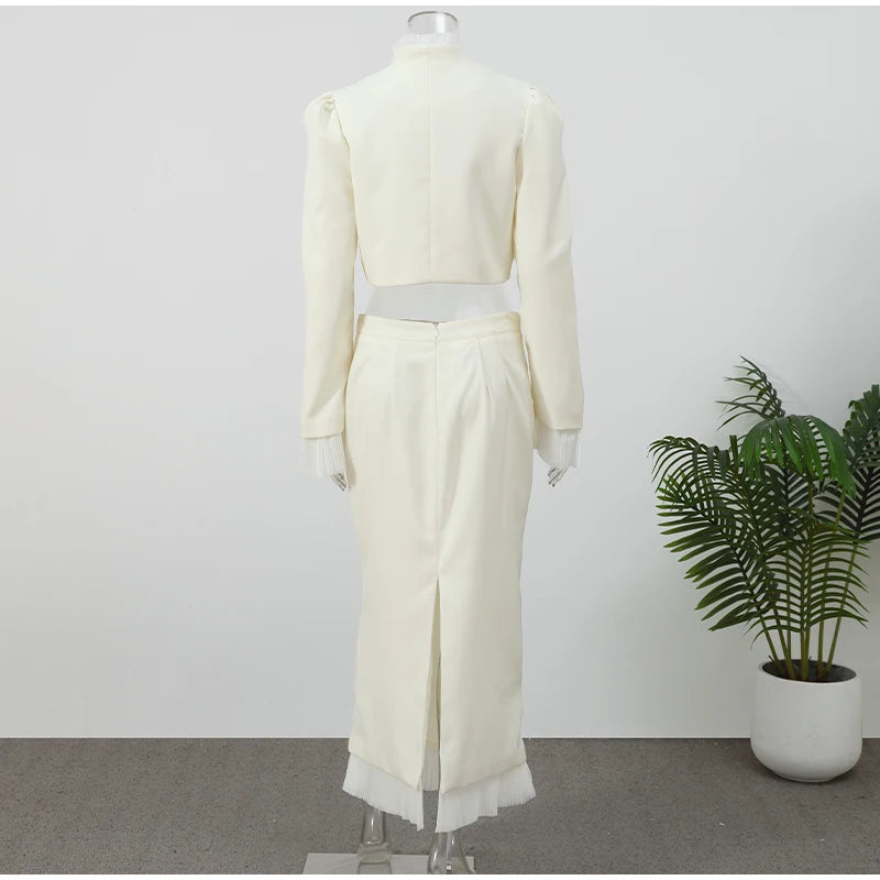 Completo di Top Corto e Gonna Midi in Tulle Bianco, Lussuoso, con Scollo a V, Maniche Lunghe a Sbuffo, Vestibilità Slim, Collezione Primavera 2026, per Appuntamenti e Ufficio