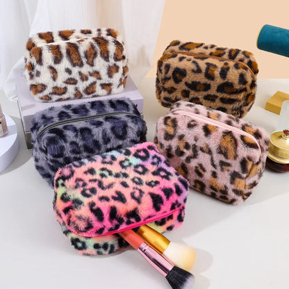 Borse per il trucco in pelliccia di leopardo per le donne Borsa per cosmetici da viaggio morbida Custodia per organizer Custodia per borse da donna per ragazze
