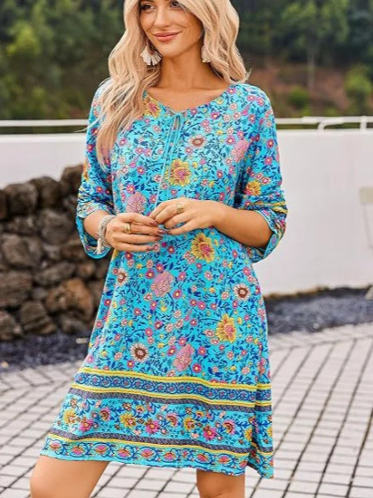 Abito stampato vintage in 7 colori Abito da donna con scollo tondo a maniche lunghe Abito estivo da vacanza di High Street