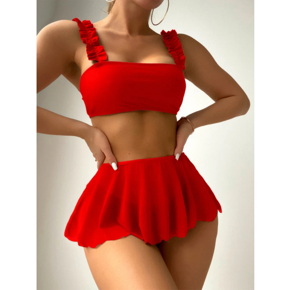 Costume da bagno rosso 2026 da donna, sexy, a vita alta, con gonna, bikini a tre pezzi, con volant, fascia per il petto, per l'estate e la spiaggia