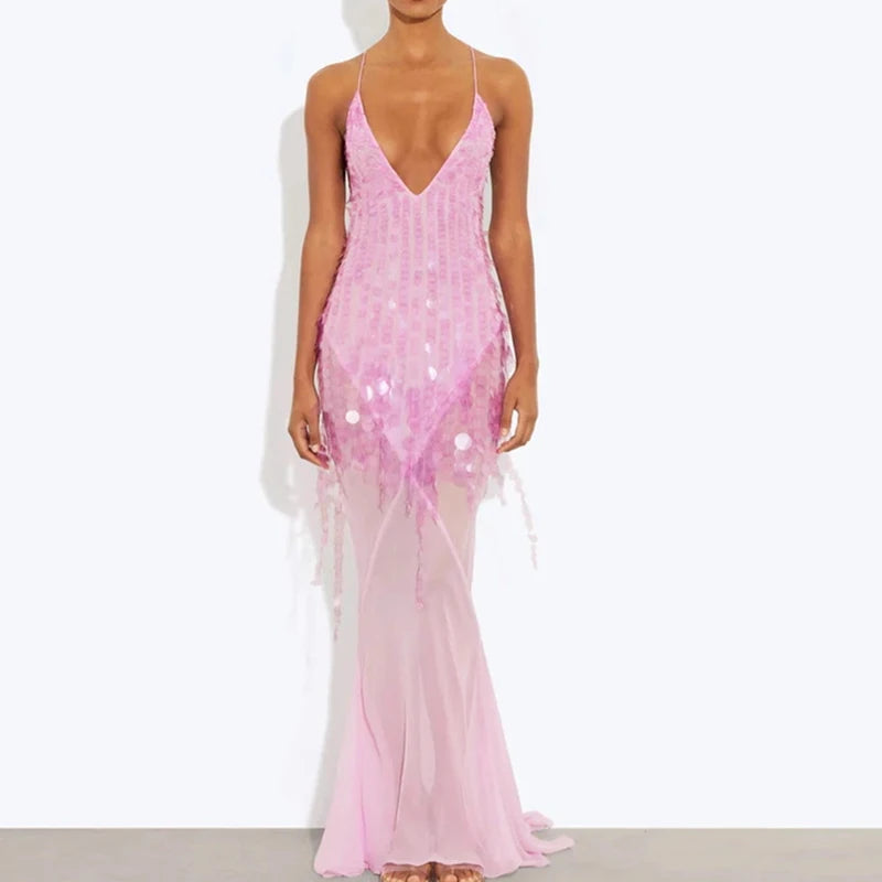 Abito da sera sexy a vita alta senza maniche vuoto 2025 Abiti casual con bretelle con spalle scoperte Abito da donna a sirena sottile con paillettes a V profondo