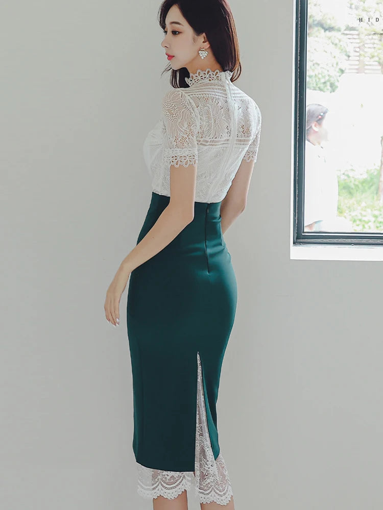 Vêtements d'été pour femmes, mode élégante, ensemble 2 pièces transparent sexy, haut chemisier en dentelle blanche et jupe midi taille haute pour femmes.