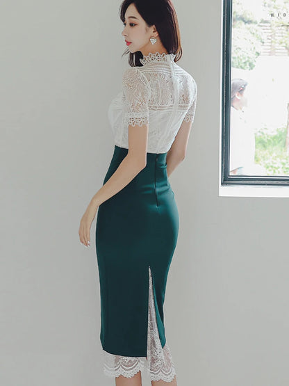 Vêtements d'été pour femmes, mode élégante, ensemble 2 pièces transparent sexy, haut chemisier en dentelle blanche et jupe midi taille haute pour femmes.
