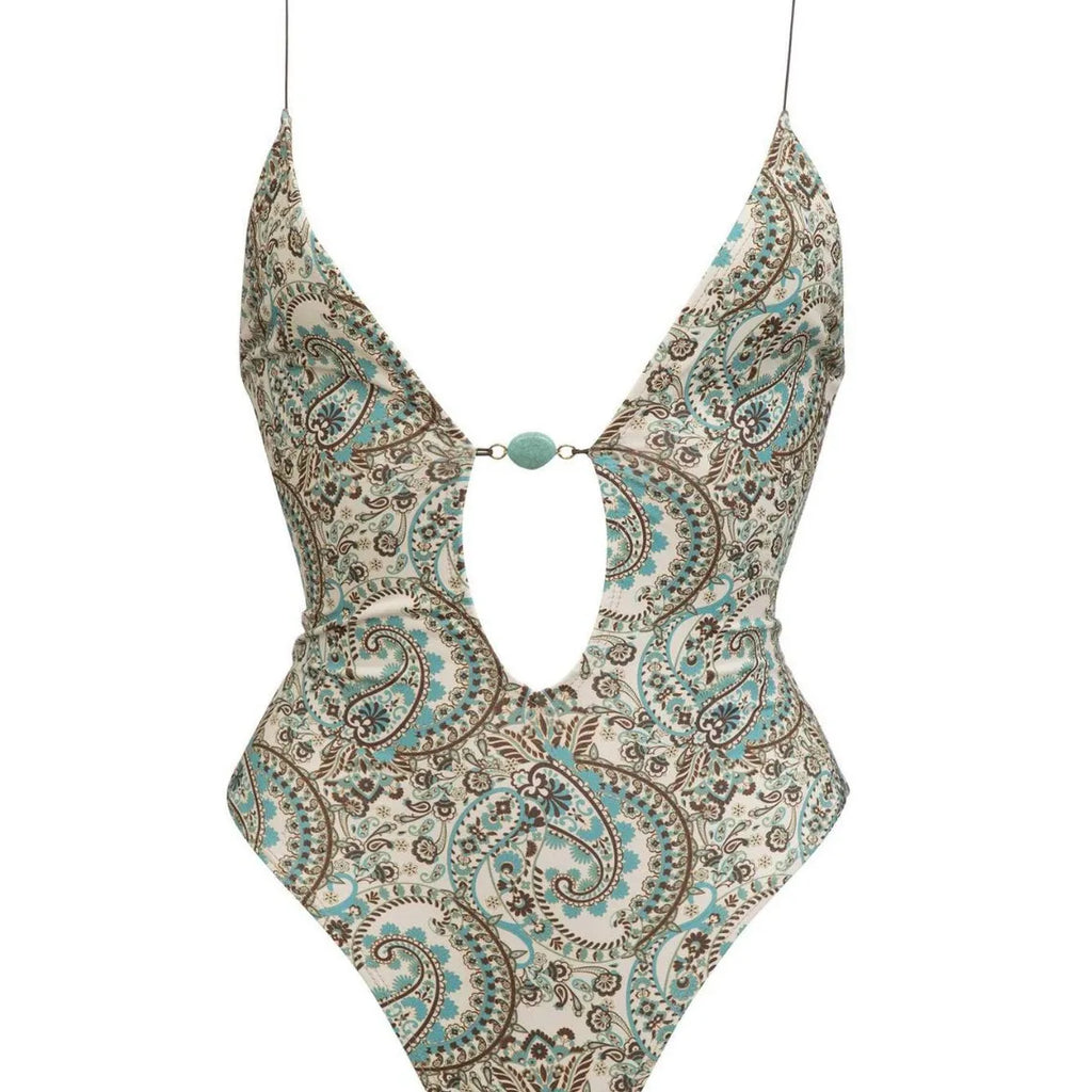 Sexy Deep V One Piece Swimsuit Women Summer Print Bikini Set Backless Swimwear