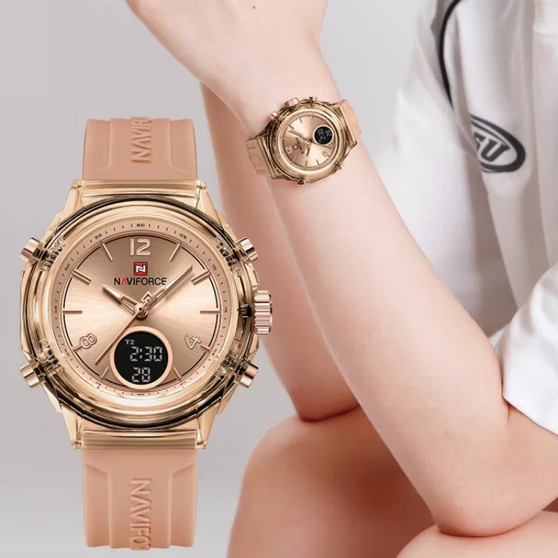 NAVIFORCE Orologio da donna di lusso Orologio sportivo all'aria aperta in oro Orologi impermeabili Doppio display dell'ora Orologi da polso al quarzo Orologio digitale in gomma