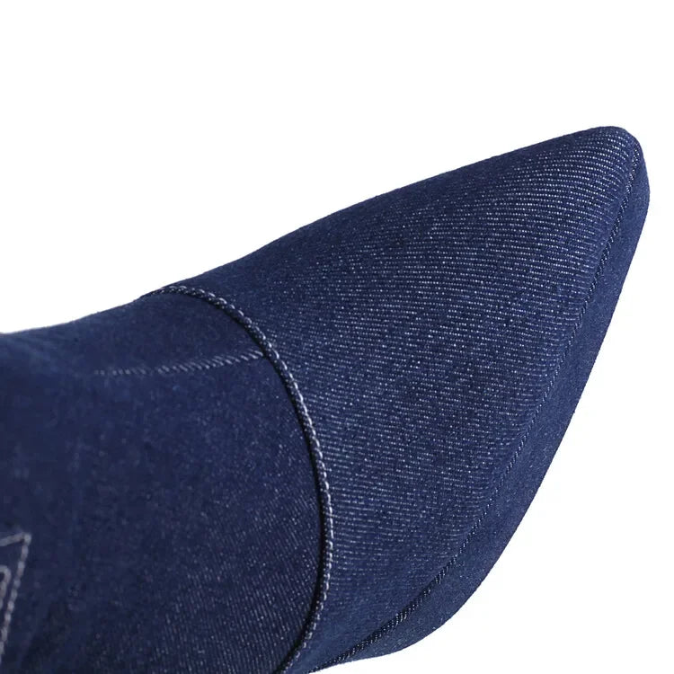 Denim Short Plush Boots Thick Bottom 15cm High Heel Pointed Elastic Size 34-45 Short Boots 2024 New Winter Women's Shoes