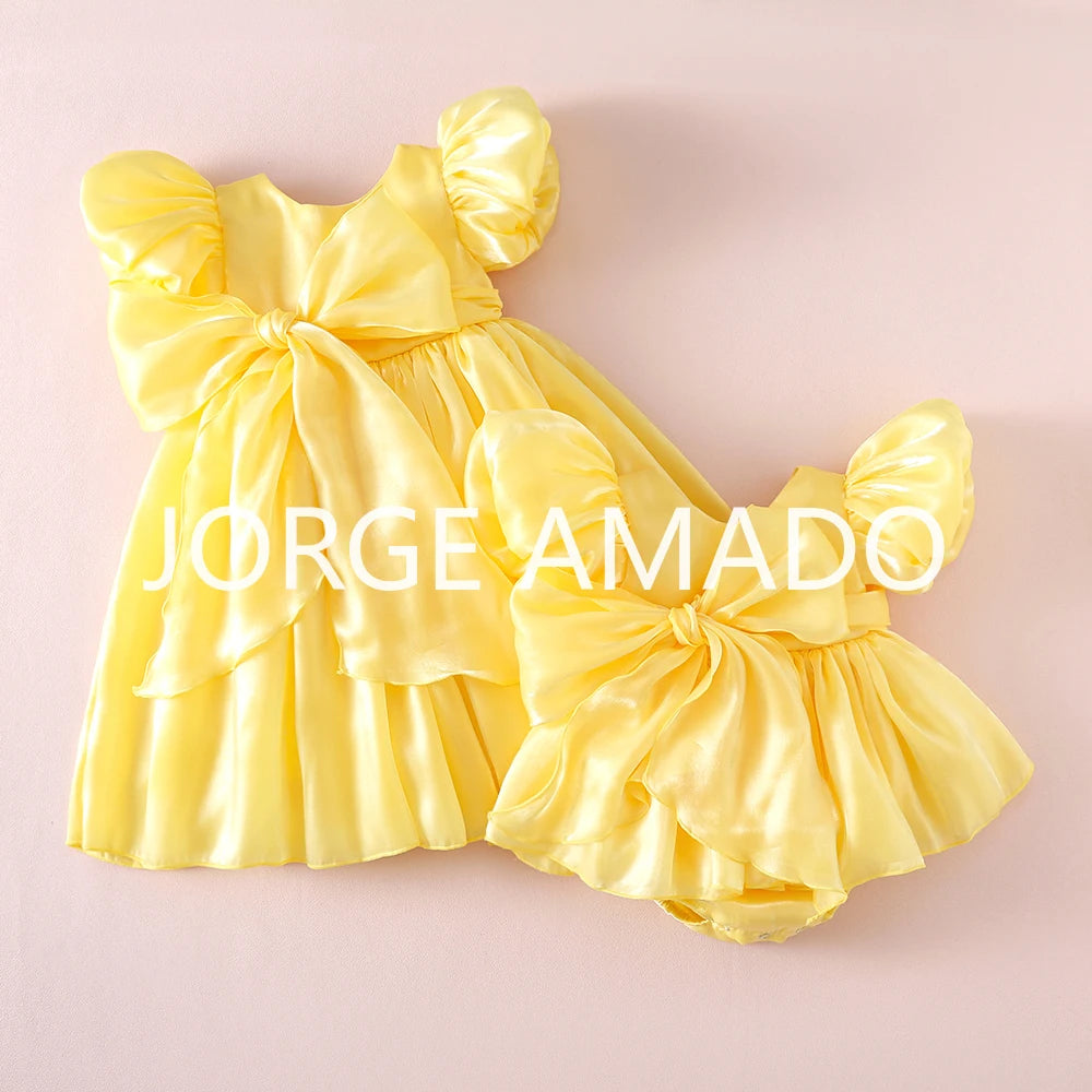 Completi Estivi Coordinati per Gemelle, Body a Maniche Corte con Grande Fiocco, Abiti Principessa con Schiena Scoperta, Abbigliamento per Bambine H0404