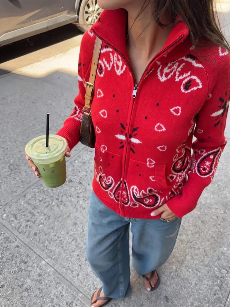 Cardigan da Donna in Maglia Stampata Casual, Maniche Lunghe, Cerniere, Colletto Alto, Tasche, Cappotti Autunno 2026, Abbigliamento Femminile Chic da Strada