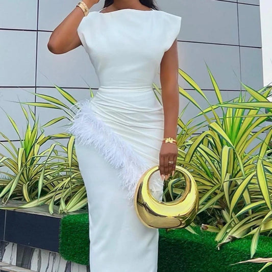 Abiti aderenti estivi donna Fur Party Night Prom White Long Dress Party vita alta Casual Streetwear eleganti abiti Sexy