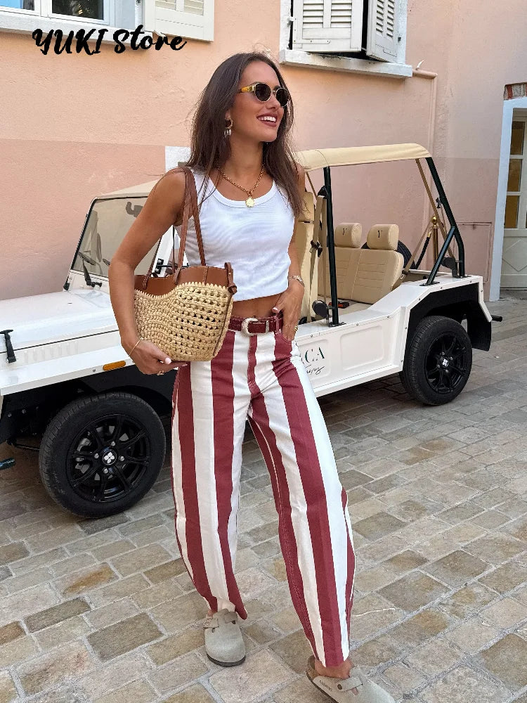 Jeans da Donna a Righe Stile Street Fashion con Cerniera, Bottone e Tasche, Gamba Larga, Pantaloni in Denim Chic Primavera Estate 2026