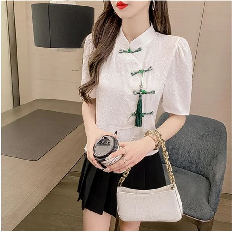 Camicie in stile cinese Maniche corte Donna Nuovo cappotto Estate 2025 Senso Design Nicchia Manica a palloncino Cardigan Top irregolari Donna
