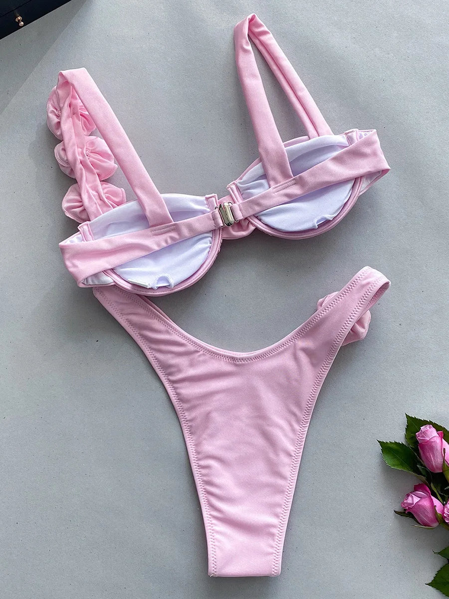 Sexy 3D Fiori con ferretto Bikini brasiliano Costumi da bagno donna Costume da bagno femminile Bikini a due pezzi Costume da bagno a triangolo Swim Lady