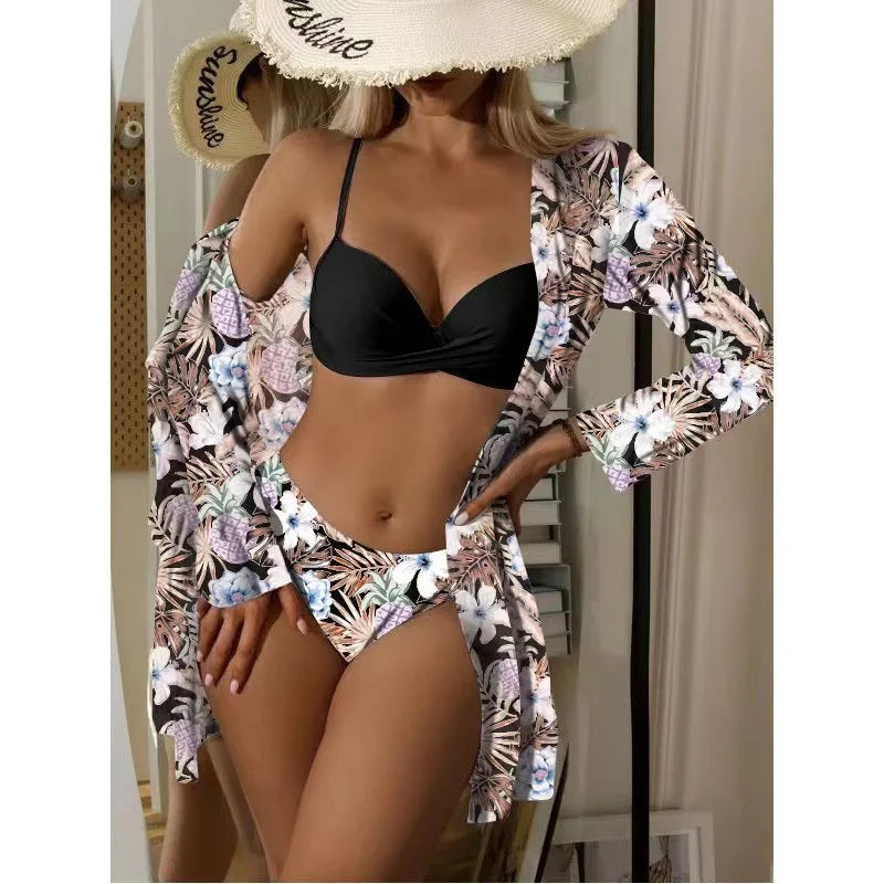 Bohemian Style Print Bikini Sets Women Fashion Sexy Spaghetti Strap Bikini Cardigan Three Piece Sets Beach Vacation Swimsuit