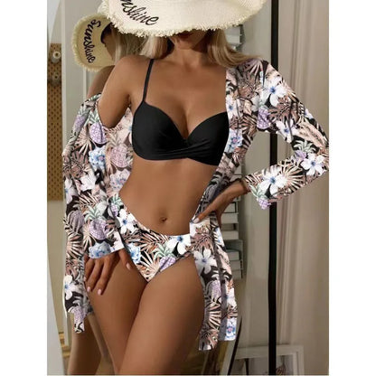Bohemian Style Print Bikini Sets Women Fashion Sexy Spaghetti Strap Bikini Cardigan Three Piece Sets Beach Vacation Swimsuit