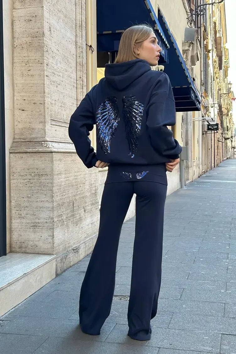 Felpe con cappuccio con ali d'angelo con paillettes Pullover a maniche lunghe allentati da donna Top pantaloni da yoga dimagranti Set 2025 New Casual Lady Set da due pezzi