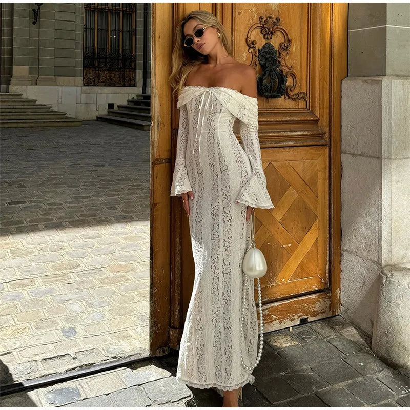 Abito lungo da donna elegante con maniche svasate con lacci Moda scava fuori con spalle scoperte Abiti aderenti 2024 Lady New Beach Partywear