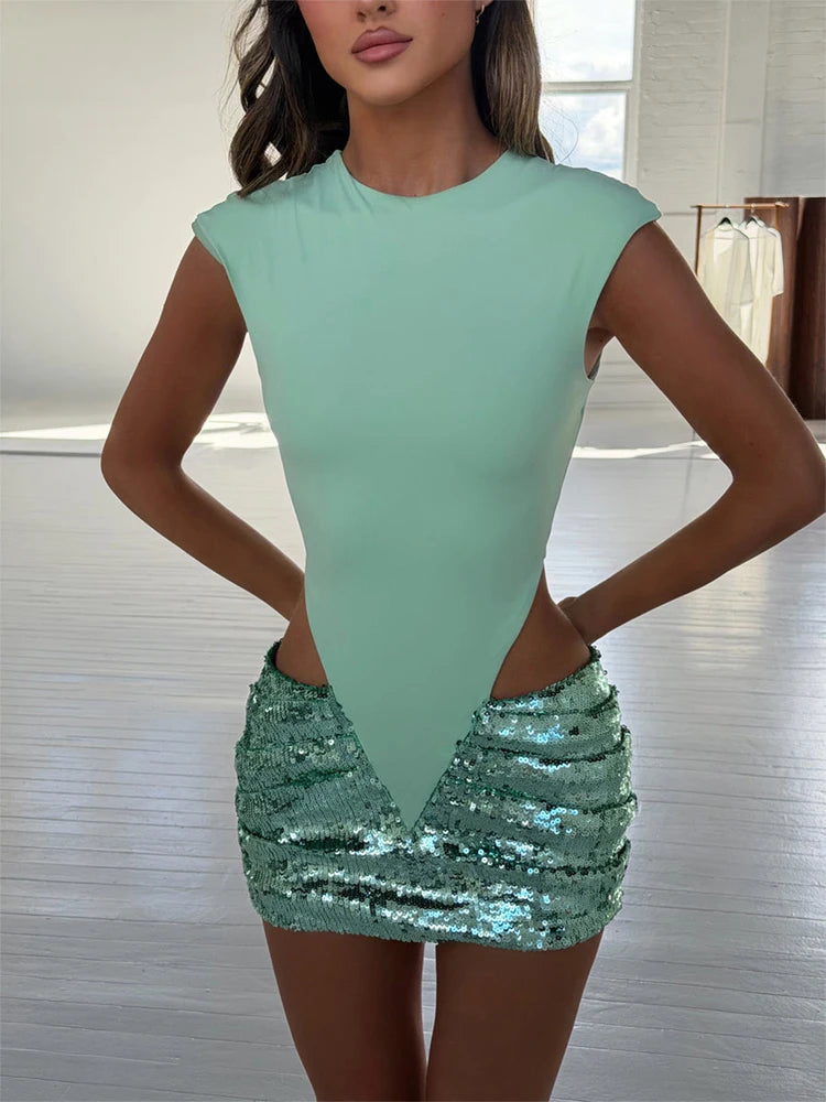 Abito Sexy con Paillettes e Pizzo, Vestito Estivo da Donna con Scollo a V Senza Maniche, Vita Alta, Mini Abito a Bretelle per Vacanze 2026