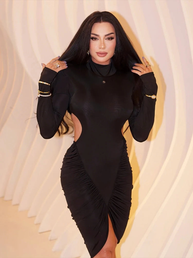 kliou Shirring Senza Vita Donne Mini Abiti Classico Solido Collo Alto Manica Lunga Irregolare Aderente Banchetto Femminile Festa Abito
