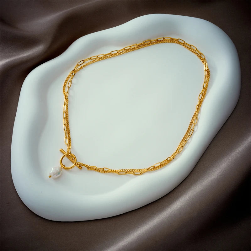 DIEYURO Acciaio Inossidabile 316L OT Chiusura Grande Collana con Ciondolo di Perle Per Le Donne Nuove Ragazze Catena a 2 Strati Gioielli Regali Del Partito Bijoux