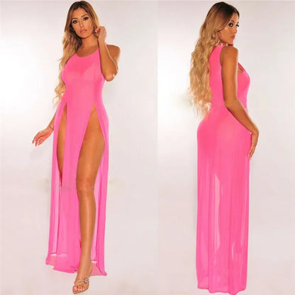 Summer Long Dress Women Sexy Mesh Sheer See Through Bikini Cover Up Beach Sundress Solid Sleeveless Straps High Slit Dress