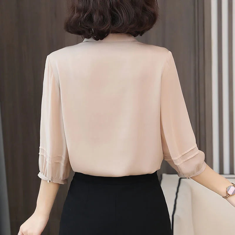 Camicia da donna primaverile ed estiva, scollo a V con maniche a tre quarti, vestibilità ampia e aderente, top con volant, DF3732