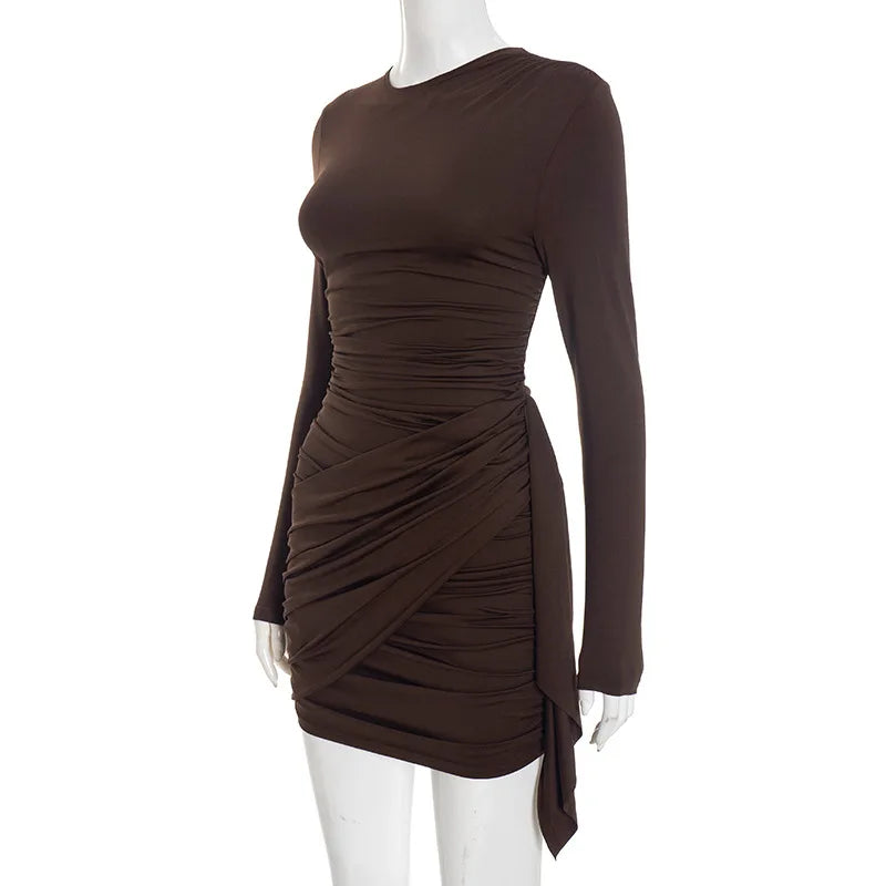 Abito tubino sottile solido girocollo Moda donna manica lunga avvolgente corto mini abiti a vita alta Lady 2026 abito da sera per feste
