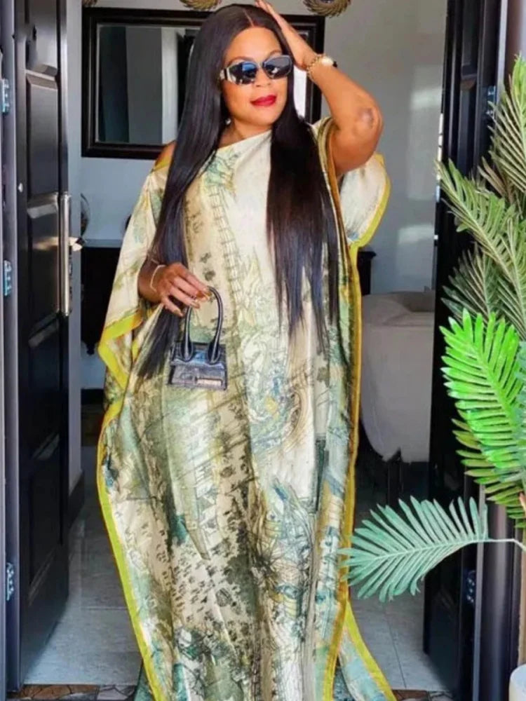 Di lusso Morbido Stampa Musulmana Abaya Donne Maniche Corte Imitato Raso di Seta Abito Lungo Allentato Femme Robe Islam Abiti Con Hijab