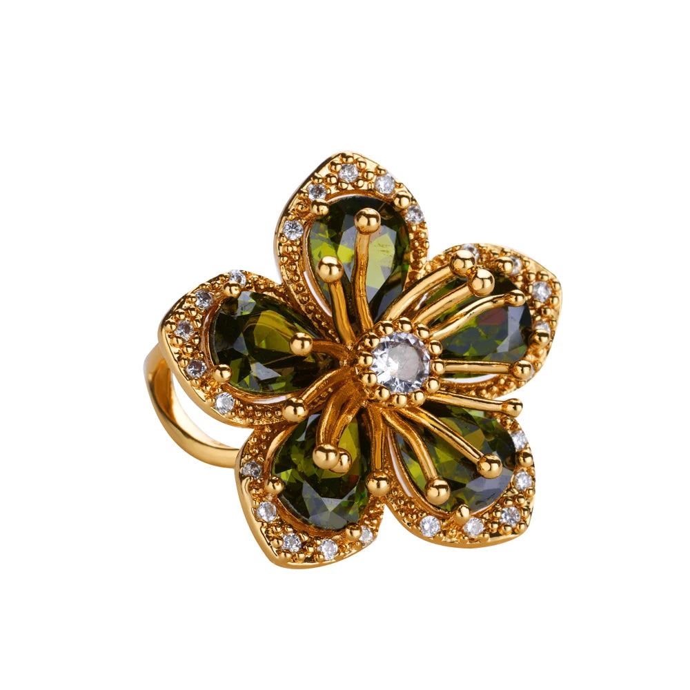 Anelli di fiori colorati con zirconi per le donne Anello floreale in acciaio inossidabile color oro Elegante regalo di gioielli estetici per matrimoni di lusso