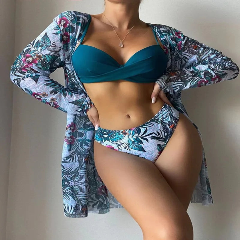 Bohemian Style Print Bikini Sets Women Fashion Sexy Spaghetti Strap Bikini Cardigan Three Piece Sets Beach Vacation Swimsuit