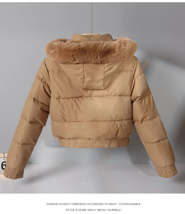Parka corti invernali da donna, abbigliamento imbottito in cotone, capi esterni più spessi con interno in velluto, cappotti con collo in pelliccia e cappuccio removibile, giacche calde.