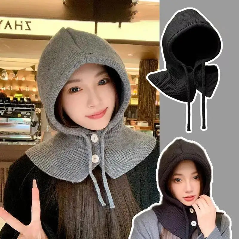 Cappello invernale caldo in maglia da donna, cappuccio tinta unita, berretto monopezzo con collo, cappello da esterno in cashmere