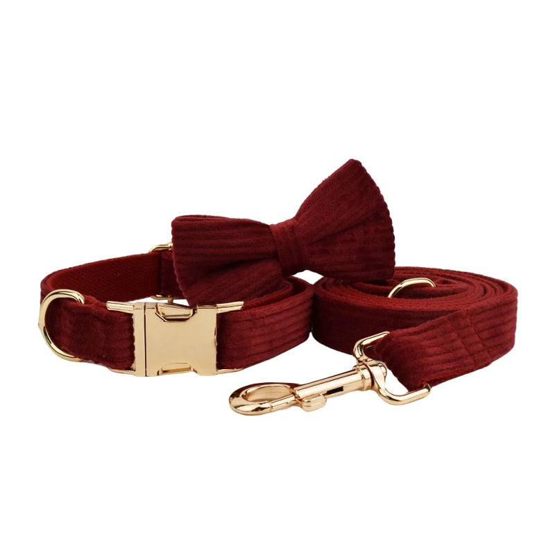 Set Collare e Guinzaglio per Cani in Corduroy Rosso Vino con Targhetta Personalizzata Incisa, Accessori per Animali Domestici