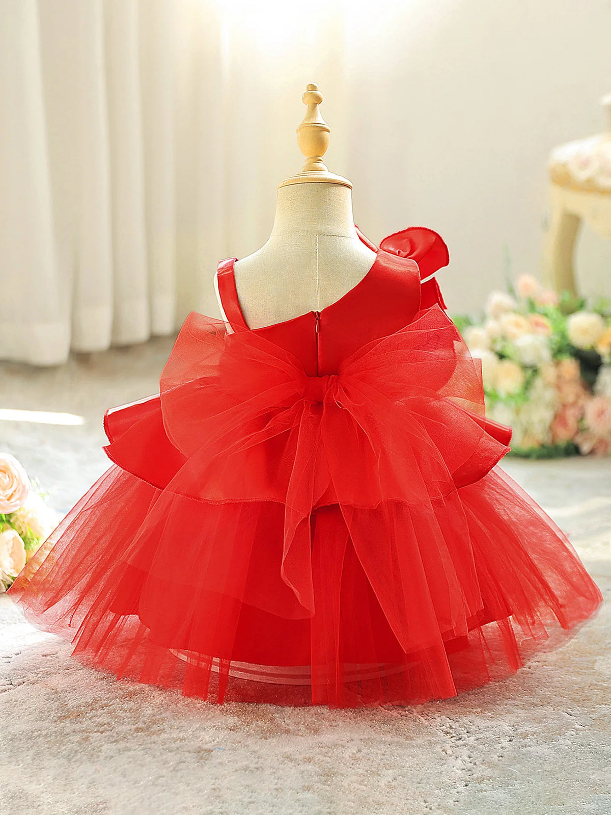 Elegant Fold Flower Party Baby Girl Dresses Toddler Tulle 1st Birthday Princess Dress for Kids Bow Wedding Bridesmaids Prom Gown