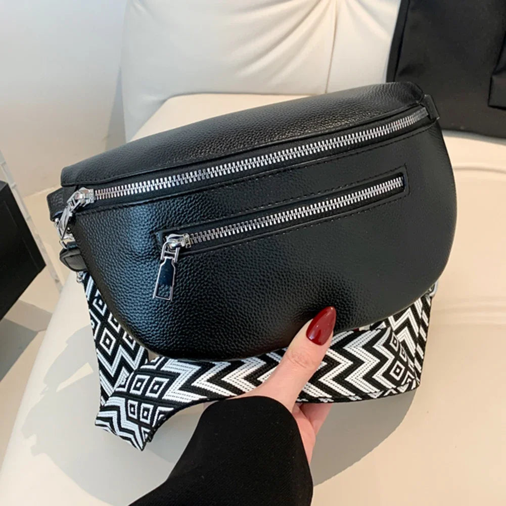 Marsupio da donna Marsupio da strada multitasche Borsa da petto in pelle PU Borsa a tracolla con tracolla larga alla moda Borse a tracolla solide retrò