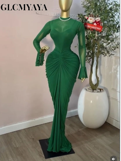 CM.YAYA Abito lungo da donna a sirena con maniche lunghe a campana, scollo a O, arricciato, in rete, sexy, per feste e serate, Collezione 2026