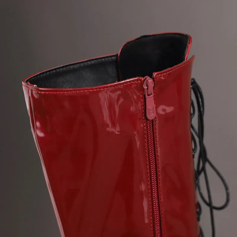 Sexy Lace Up Platform Long Boots Women Thick Gothic Heels High Knee Boot Winter Red Black Green Fetish Party Shoes Large Size 48