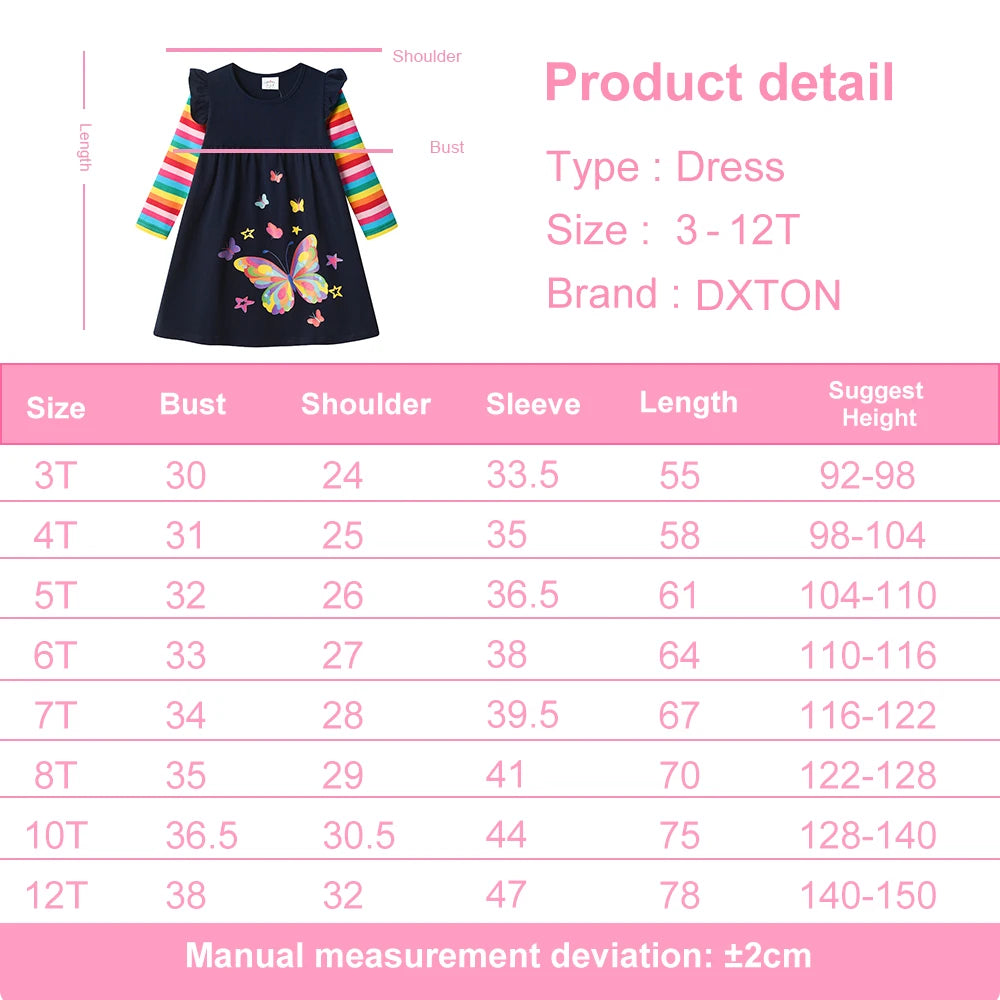 DXTON Abiti giornalieri per bambini Abbigliamento casual per bambini in cotone Arcobaleno Manica lunga Abito per bambini Farfalla Vacanza Vestito per ragazze