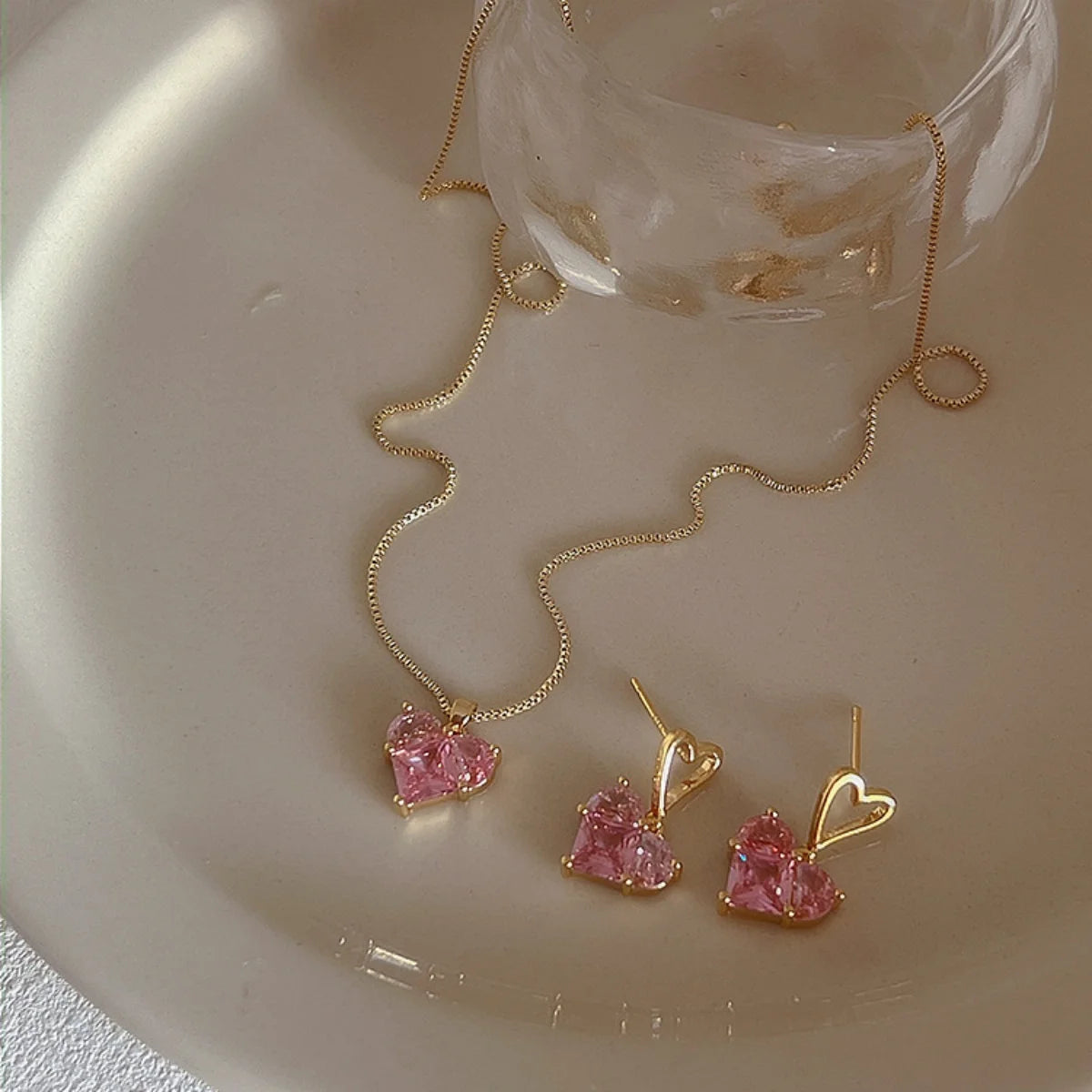 3 pezzi alla moda Y2k a forma di cuore zircone orecchini pendenti in cristallo rosa collane set per le donne cuore elegante squisito gioielli da festa