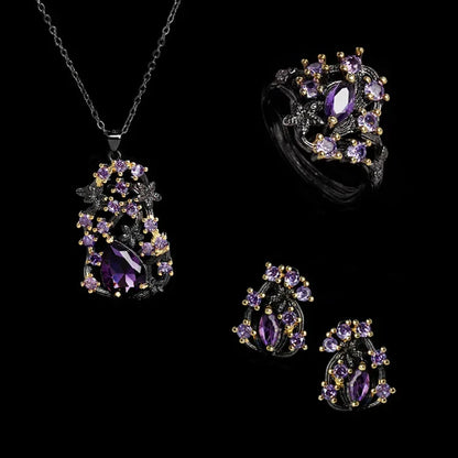 925 Silver Elegant Women's Jewelry Three-piece Set Black Gold Purple Zircon Flowers Jewelry Women's Ring Necklace Earrings