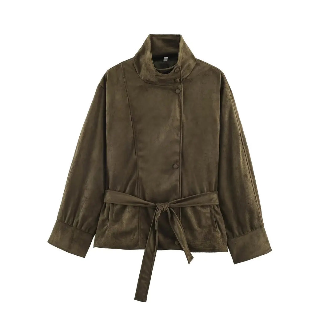 Giacche Invernali da Donna con Cintura, Nuova Collezione Autunno 2026, Collo Alto, Maniche Lunghe, Bottoni, Tasche, Giacca in Finta Pelle Scamosciata, Cappotti Chic da Donna