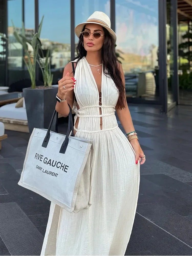 Copricostume Sexy 2026 con Scollo a V e Schiena Aperta, Vestito Lungo da Spiaggia per Donna con Cintura Intrecciata, Tunica Lunga con Spacco, Abito Vintage da Festa A2922