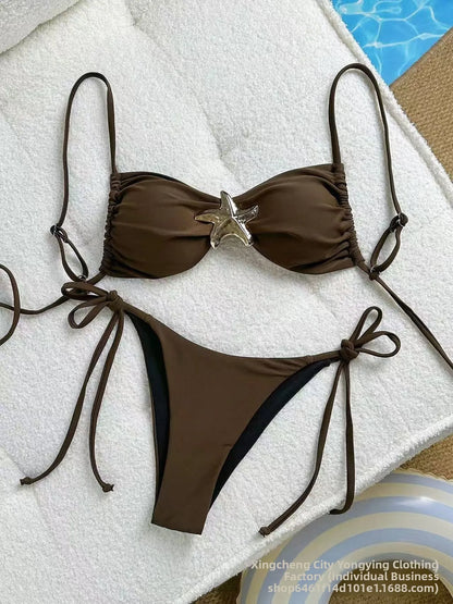 Costume da bagno bikini sexy a tinta unita, due pezzi, ad asciugatura rapida, senza schienale, in tessuto di nylon ad alta elasticità per nuoto e attività acquatiche.
