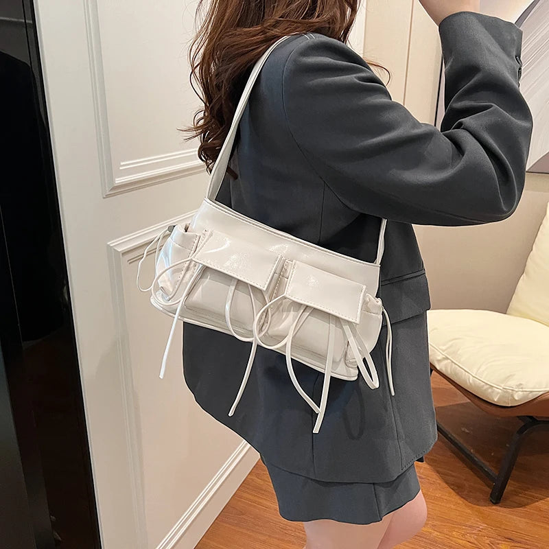 LEFTSIDE Borse a tracolla in pelle PU con design a doppia tasca per donna 2025 Borsa a tracolla di nuova tendenza della moda Borse da donna in argento