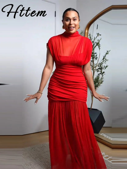 Maglia sexy vedere attraverso lungo abito rosso senza maniche piega patchwork a-line maxi abiti da festa femminile 2025 estate signora abiti slim