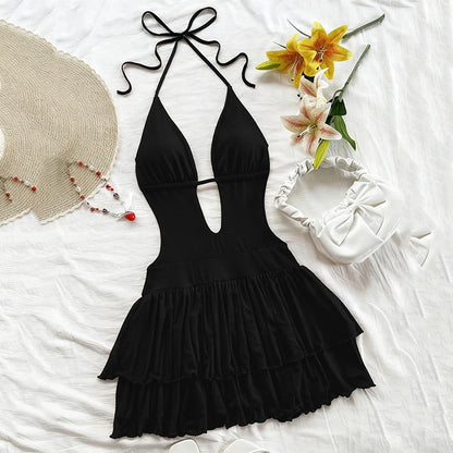 Sommer Sexy Rückenfreies Kleid Damen Mode Neckholder Schnürung A-Linie Rüschen Kleider Damen Tiefer V-Ausschnitt Urlaub Strandkleid