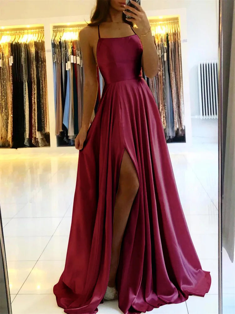 Abito da donna maxi da spiaggia in raso bordeaux per Natale Spacco laterale sexy Cinghie regolabili Abito da ballo da sera Abiti da damigella d'onore economici