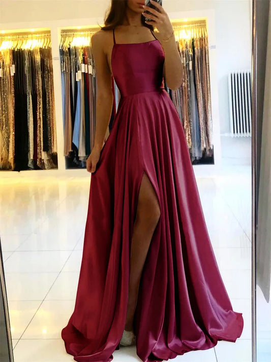 Abito da donna maxi da spiaggia in raso bordeaux per Natale Spacco laterale sexy Cinghie regolabili Abito da ballo da sera Abiti da damigella d'onore economici